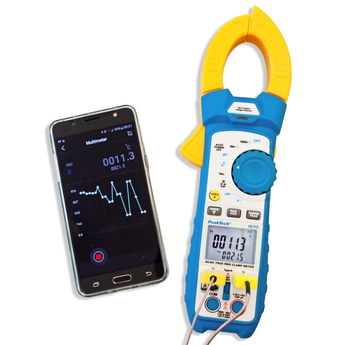 Clește ampermetric 1000A AC/DC, TRMS, Bluetooth - Peaktech P1670